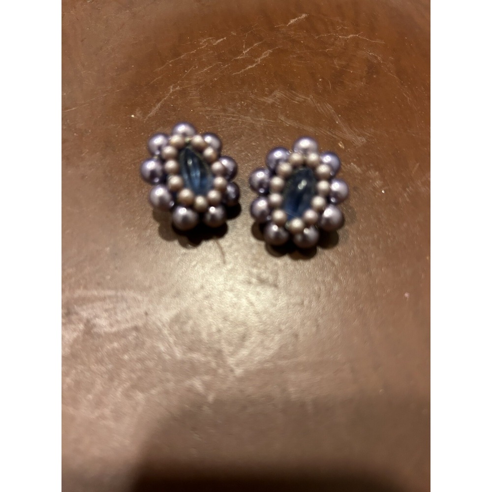 Vintage Clip Earrings Round Grey & Blue Beaded Japan